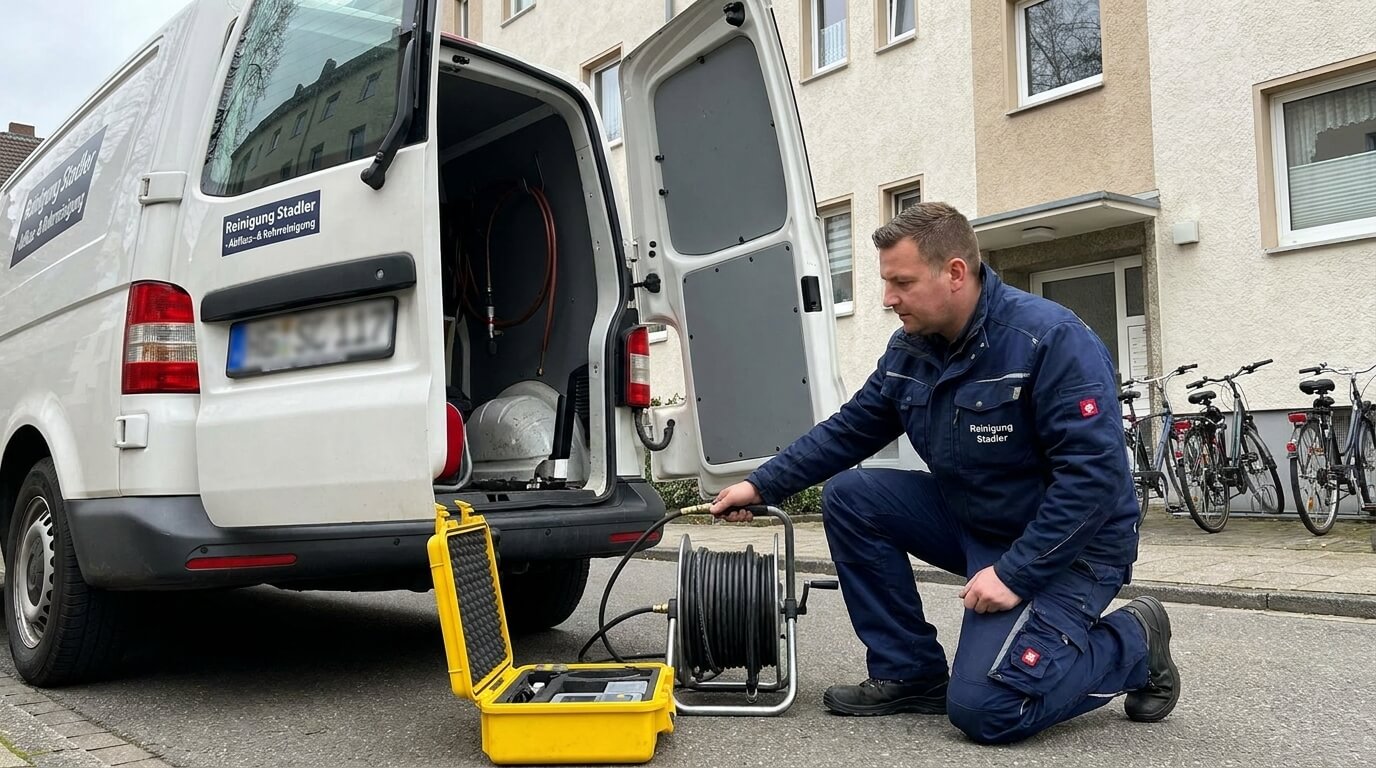 Techniker von Reinigung Stadler bei einer Rohrreinigung vor einem Wohnhaus